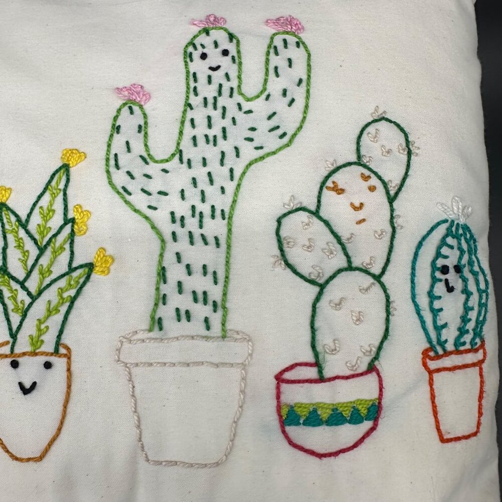 Handmade Embroidered Cactus Throw Pillow Kitschy Anthropomorphic Decorative - Picture 5 of 11